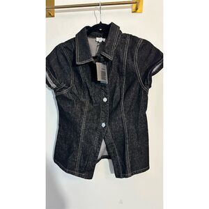 LE LIS Women's Black Denim Short Sleeve Button-Up Top medium